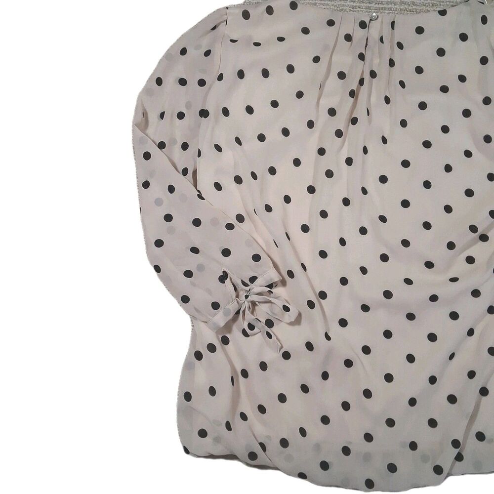 Roz & Ali Polka Dot Blouse Cream Black Tie Sleeve Bow Cuff Round Neck Top SZ M - Picture 7 of 10